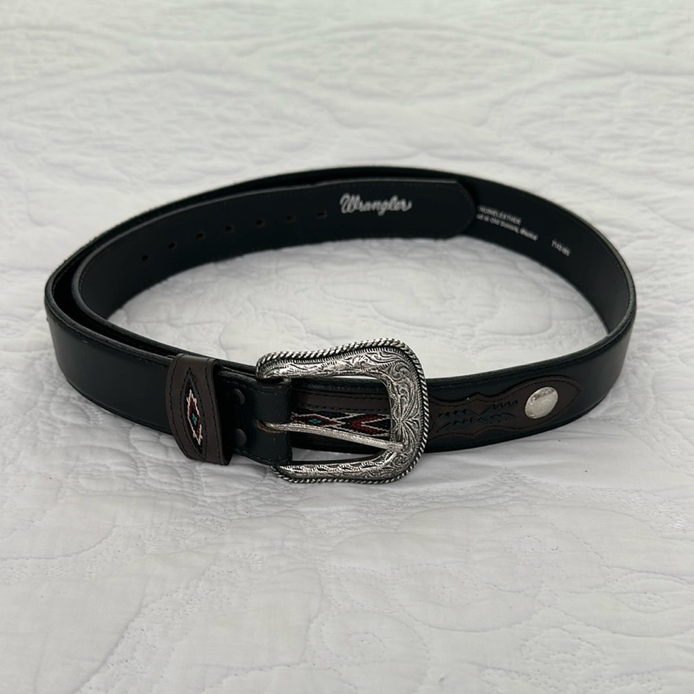 Vintage Wrangler Genuine Leather Belt Men’s 42 Black Silver Buckle Southwest EUC